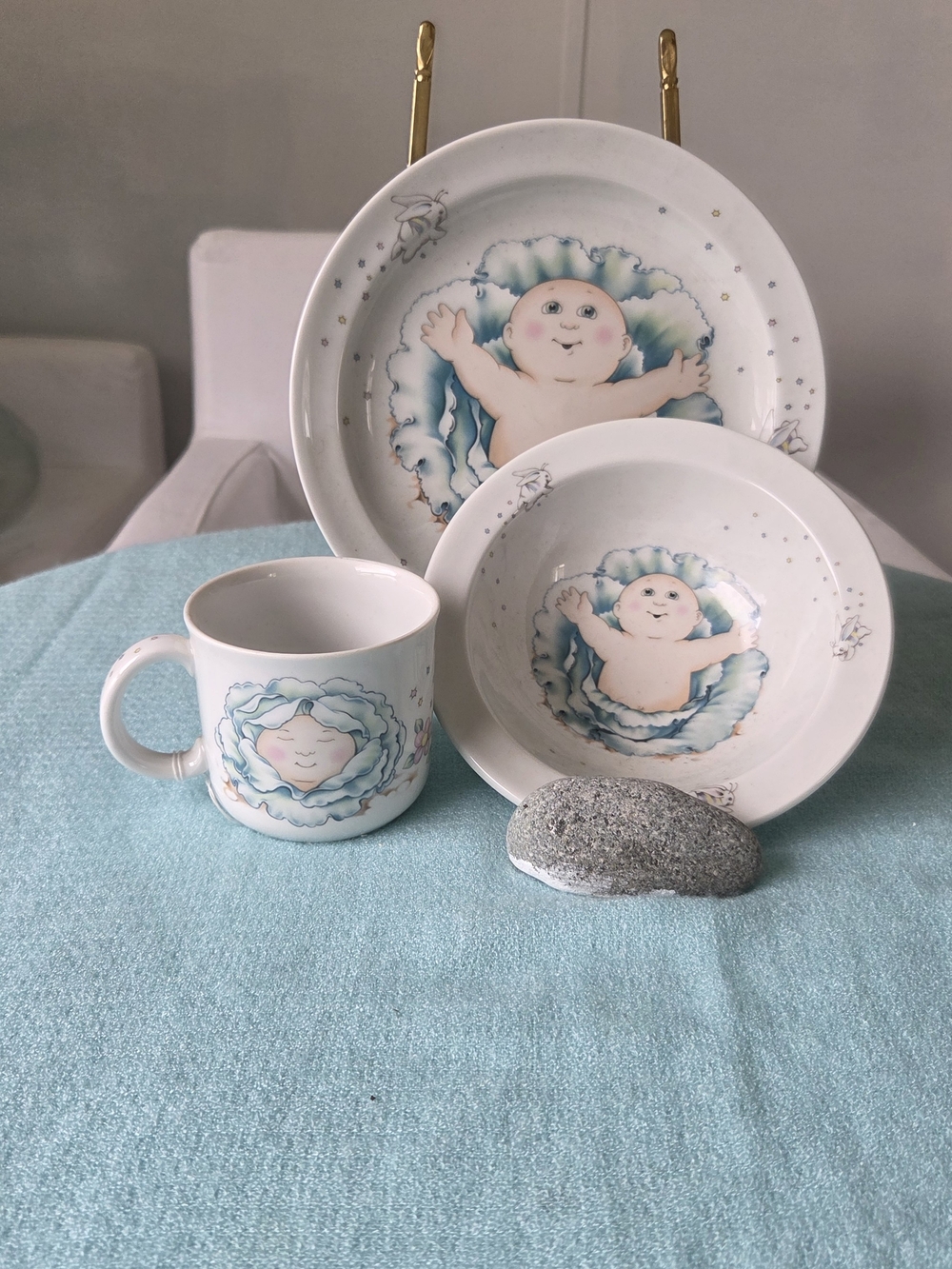 Baby Cabbage Patch Style Ceramic Dish Set in White and Soft Blue